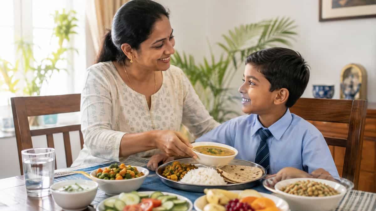 Indian parent serving a balanced meal with protein fruit and vegetables to a child
