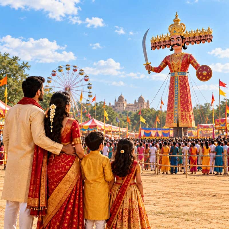 A Dussehra celebration at twilight with a decorated Ravana effigy and festival lights.
