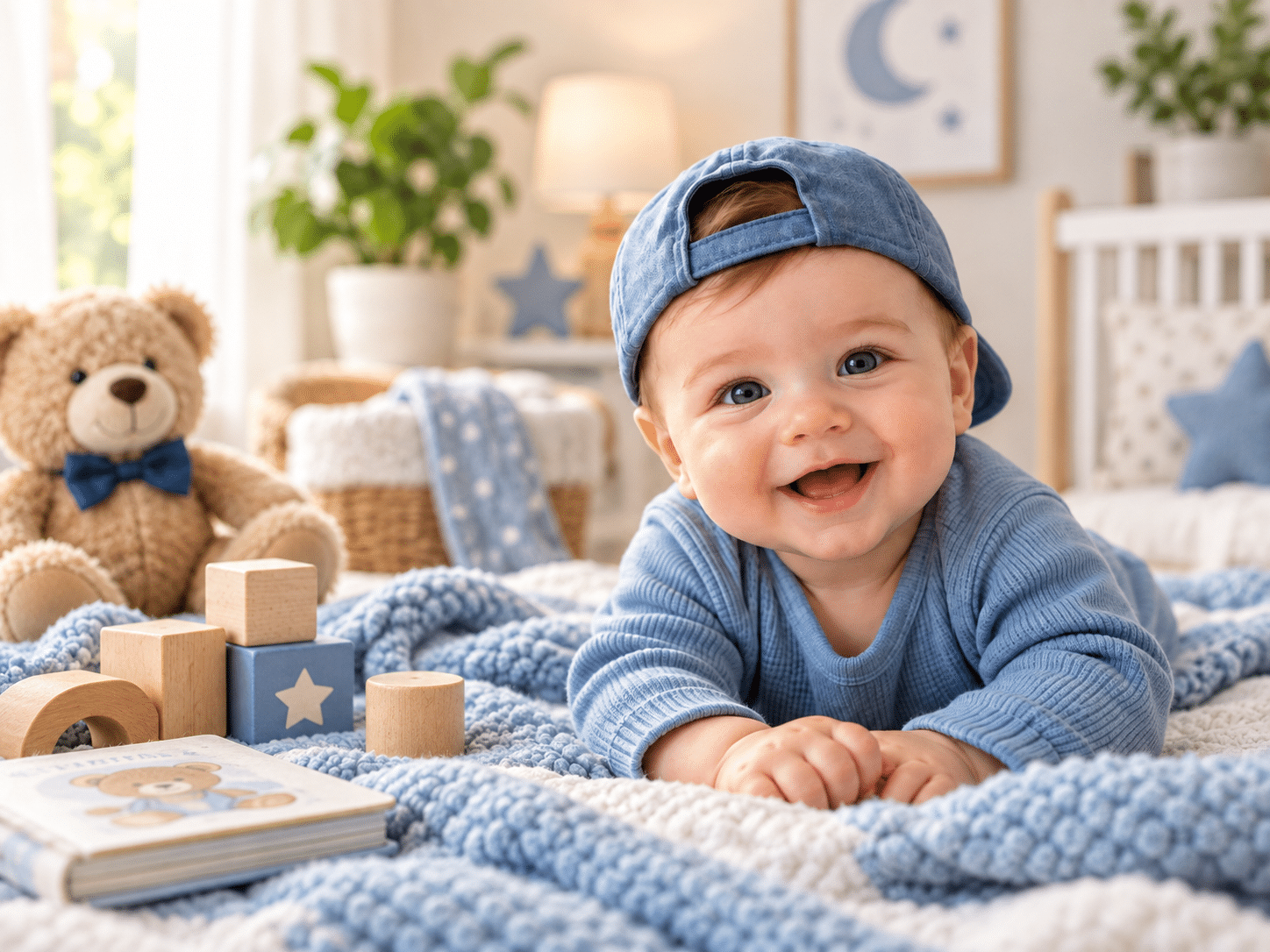 Smiling baby boy in a blue nursery with a teddy bear and wooden blocks