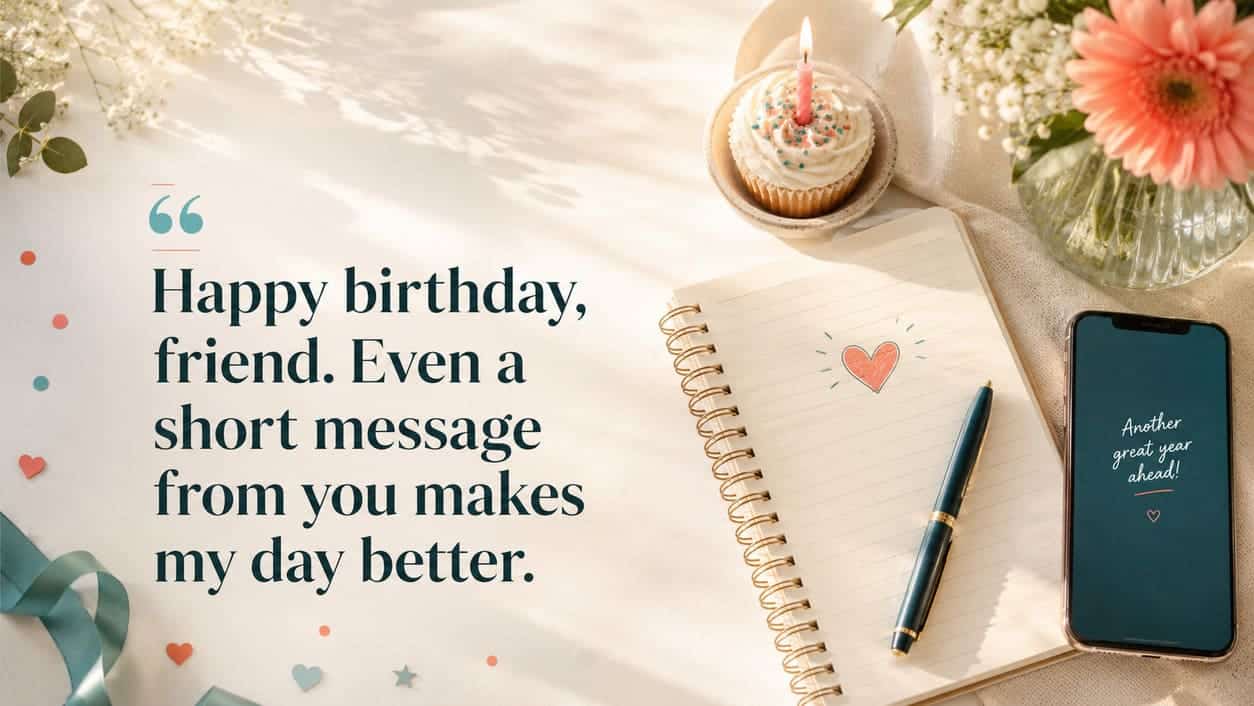 A phone rests beside a sunlit notebook with blue space for the birthday wish.