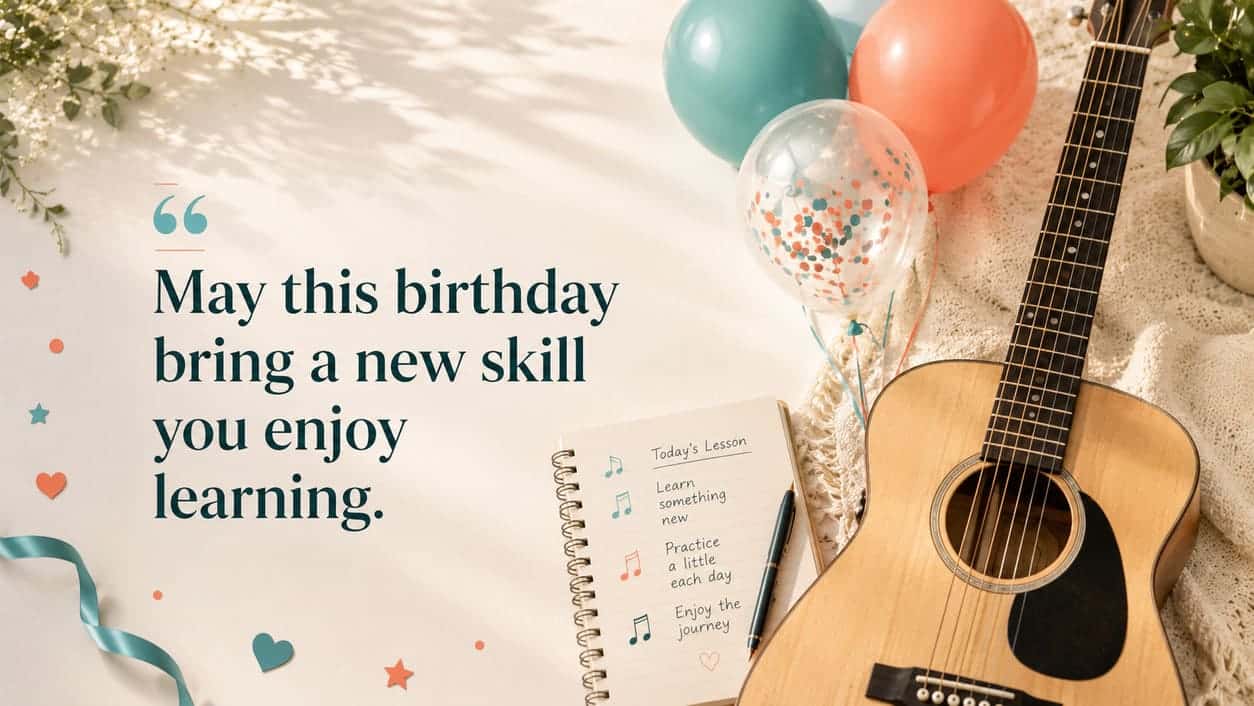A beginner guitar rests beside simple lesson notes and three colourful birthday balloons.