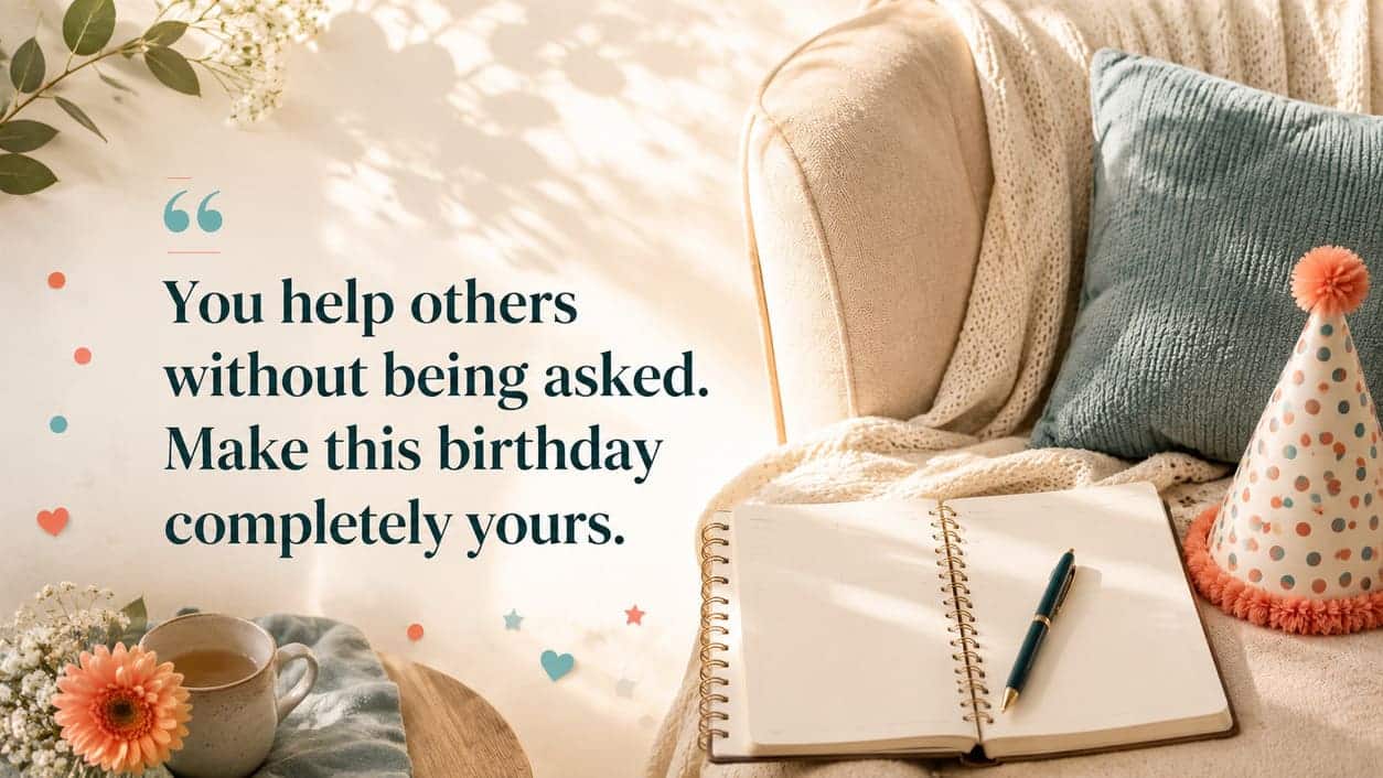 A cosy armchair sits beside a blank planner and party hat in morning light.