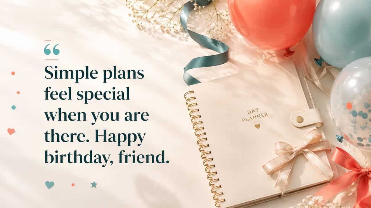 A simple day planner lies open beside bright balloons and neatly tied ribbons.