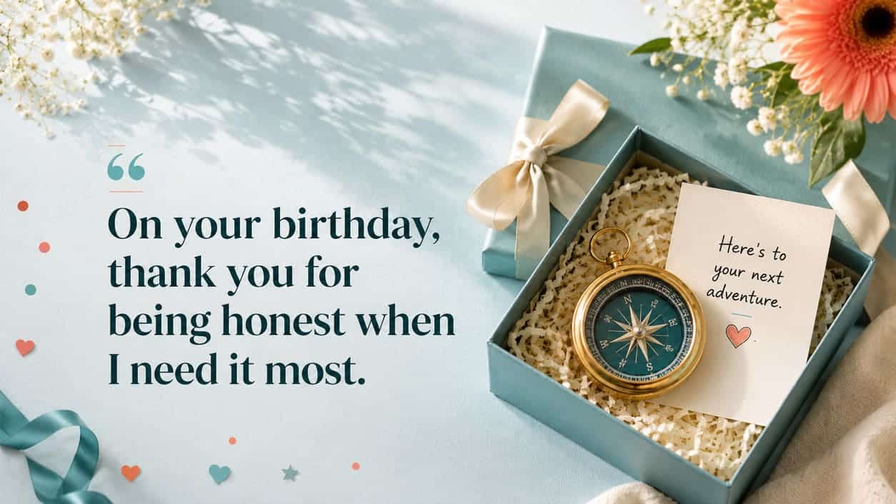 An open gift box holds a compass and note card on a blue background.