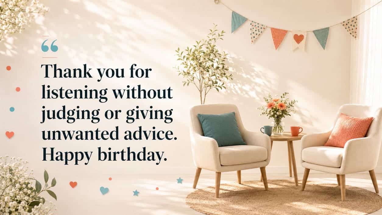 Two simple chairs face each other beneath a birthday banner in a calm room.