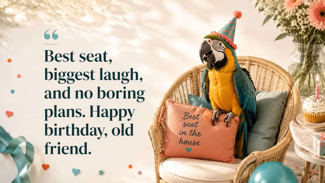 A colourful parrot wears a party hat while proudly sitting in the best chair.