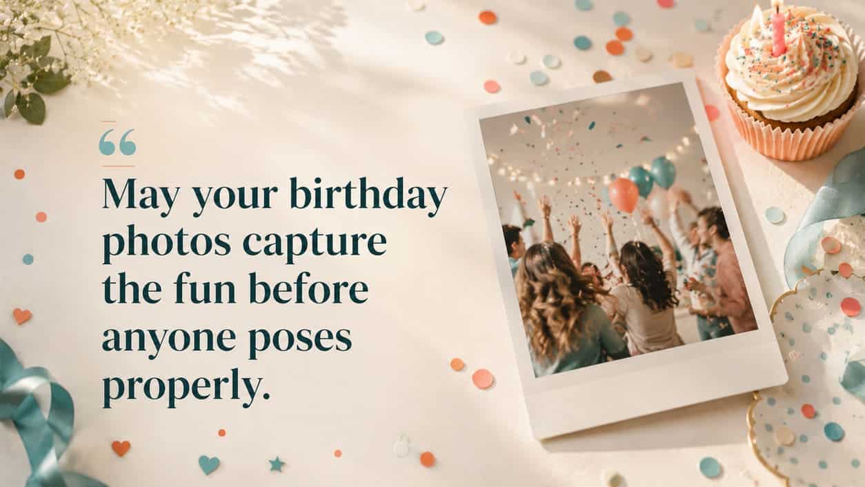 A tilted instant photo shows confetti falling before the group is ready.