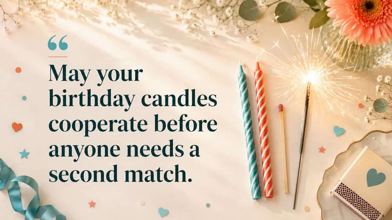 Two birthday candles stand beside a ready match and a bright sparkler.