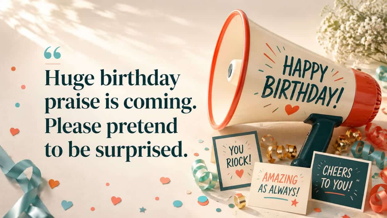 An oversized birthday megaphone sits among cheerful praise cards and bright streamers.
