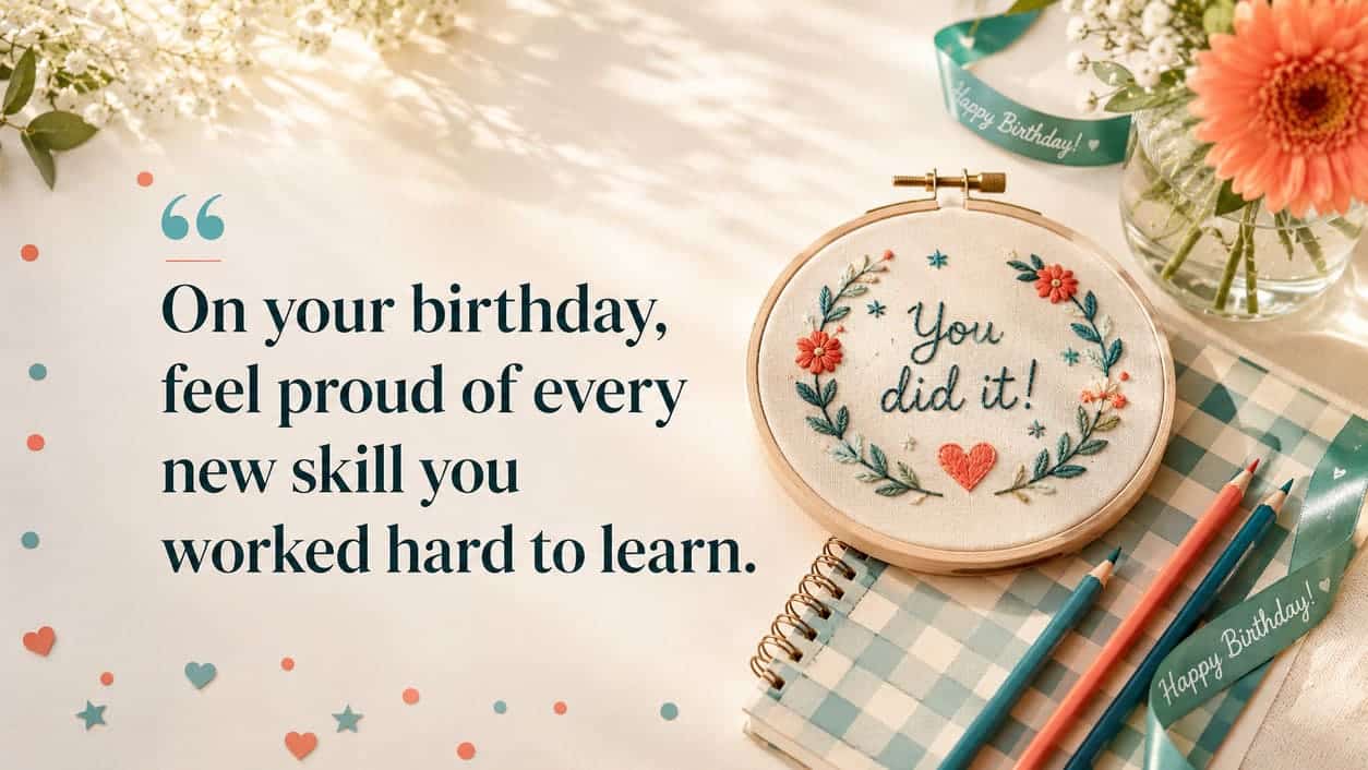 A completed craft project sits beside a checked notebook, pencils, and a birthday ribbon.