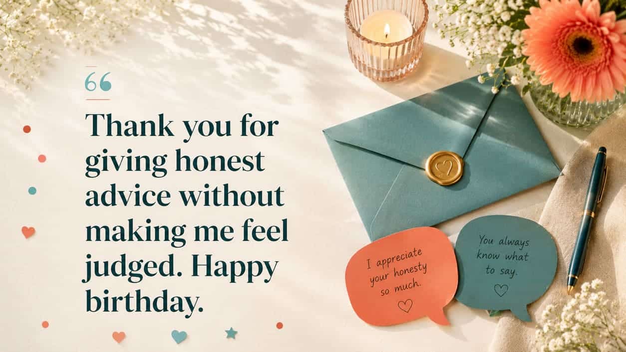 A sealed envelope rests beside two speech-shaped paper cutouts on a warm desk.
