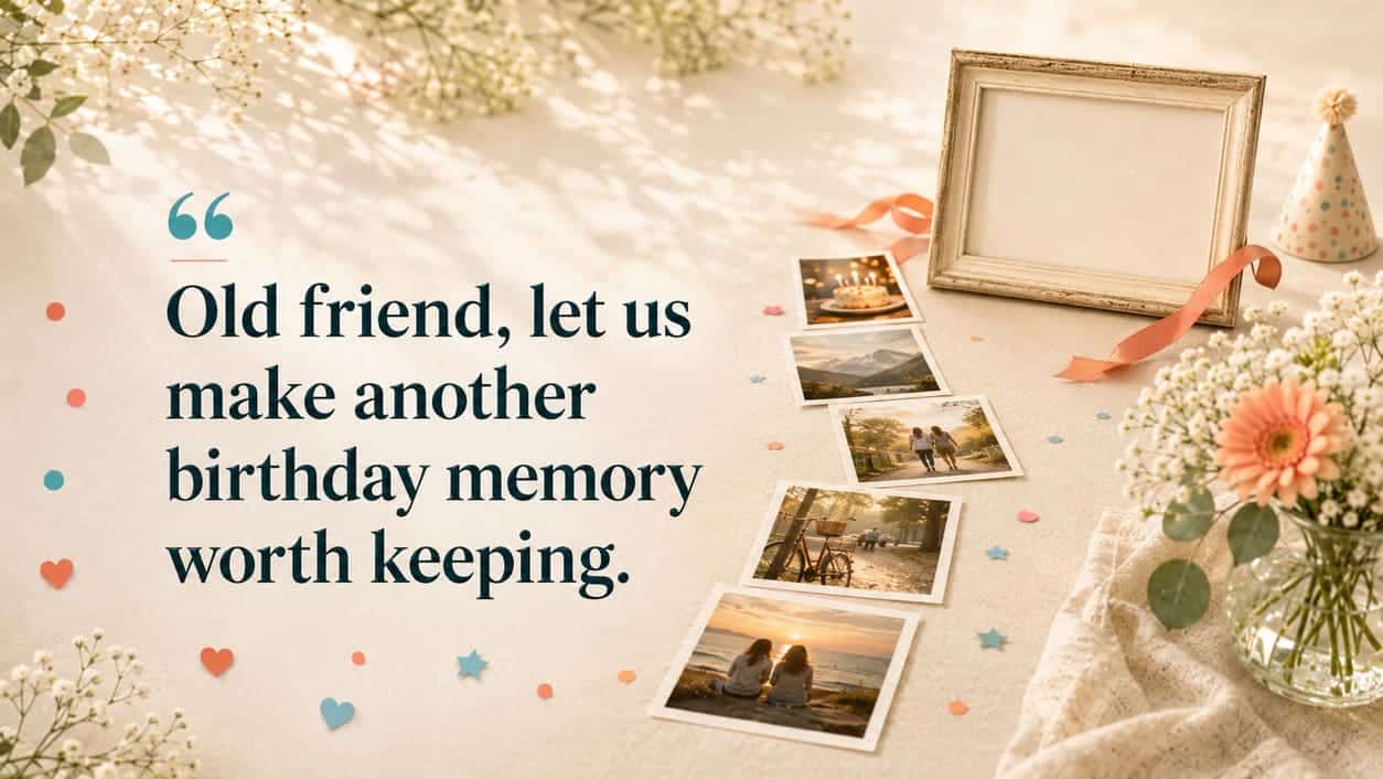 Old photos lead to an empty frame ready for a new birthday memory.
