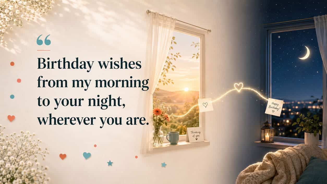 A sunrise window and night window connect through a glowing message line.