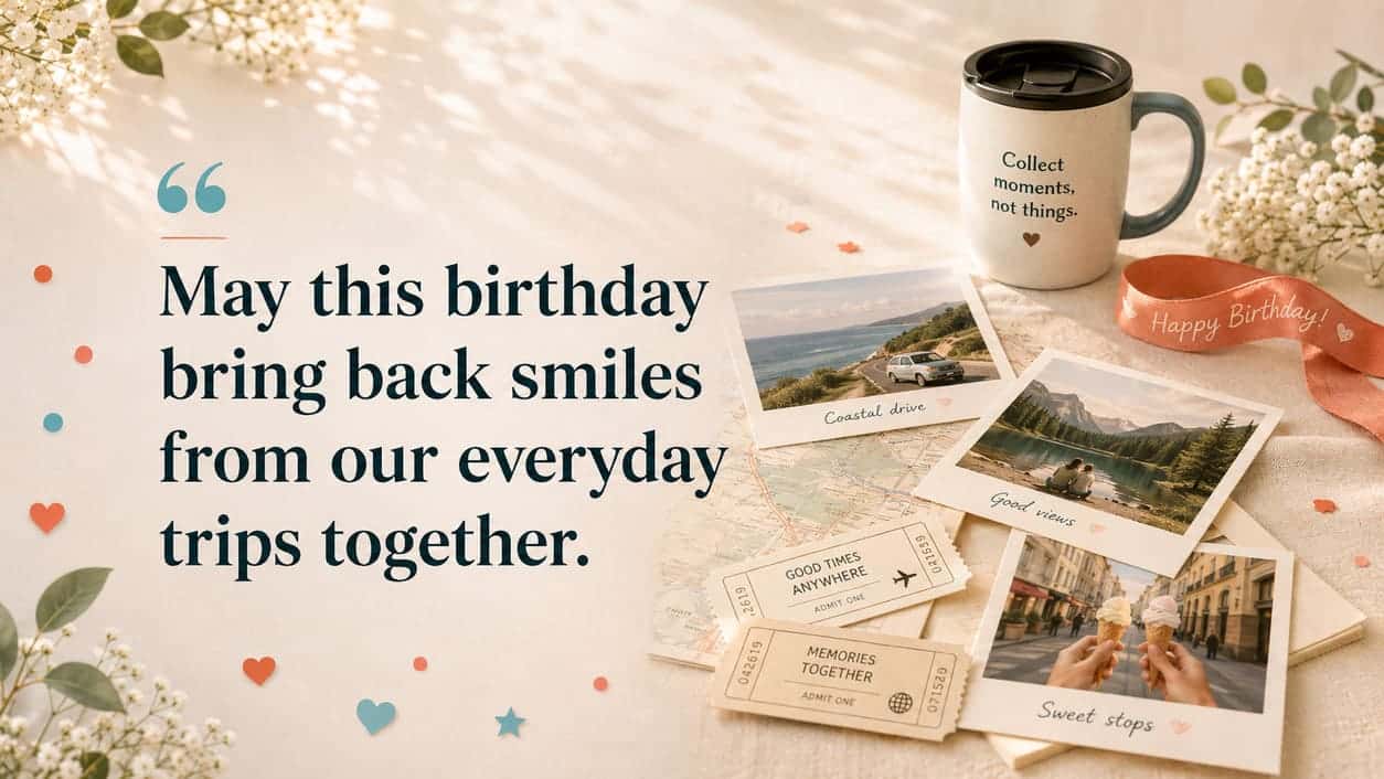 A travel mug sits beside route photos, ticket stubs, and a small birthday ribbon.