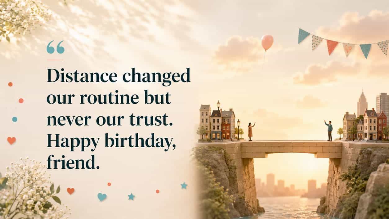A strong block bridge connects two miniature city scenes beneath a birthday sky.