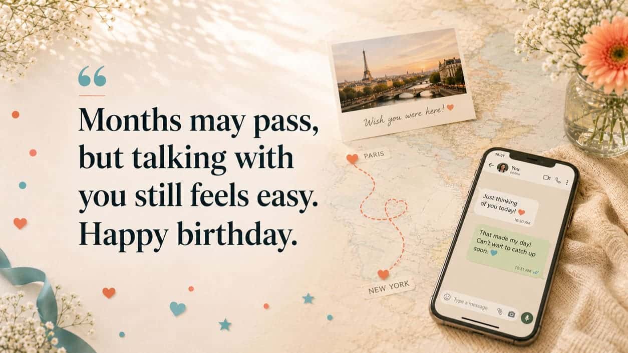 A postcard and phone message follow a map line reconnecting two distant places.