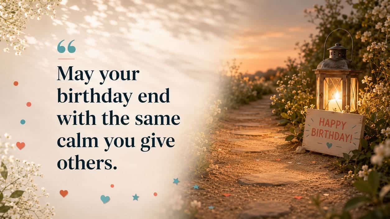 An evening path ends at a warm lantern beside a small birthday sign.
