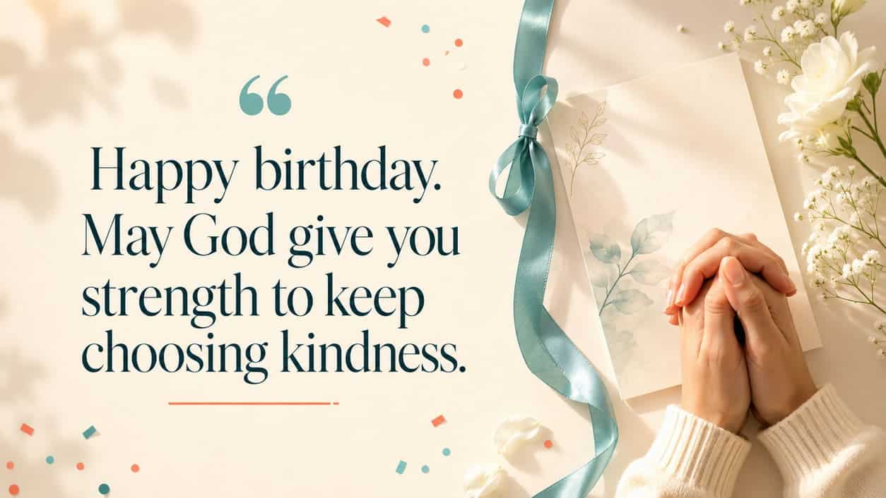 An upright ribbon stands beside folded hands and a simple birthday prayer card.