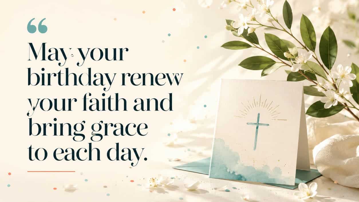 A fresh green branch rests beside a faith card in gentle birthday light.