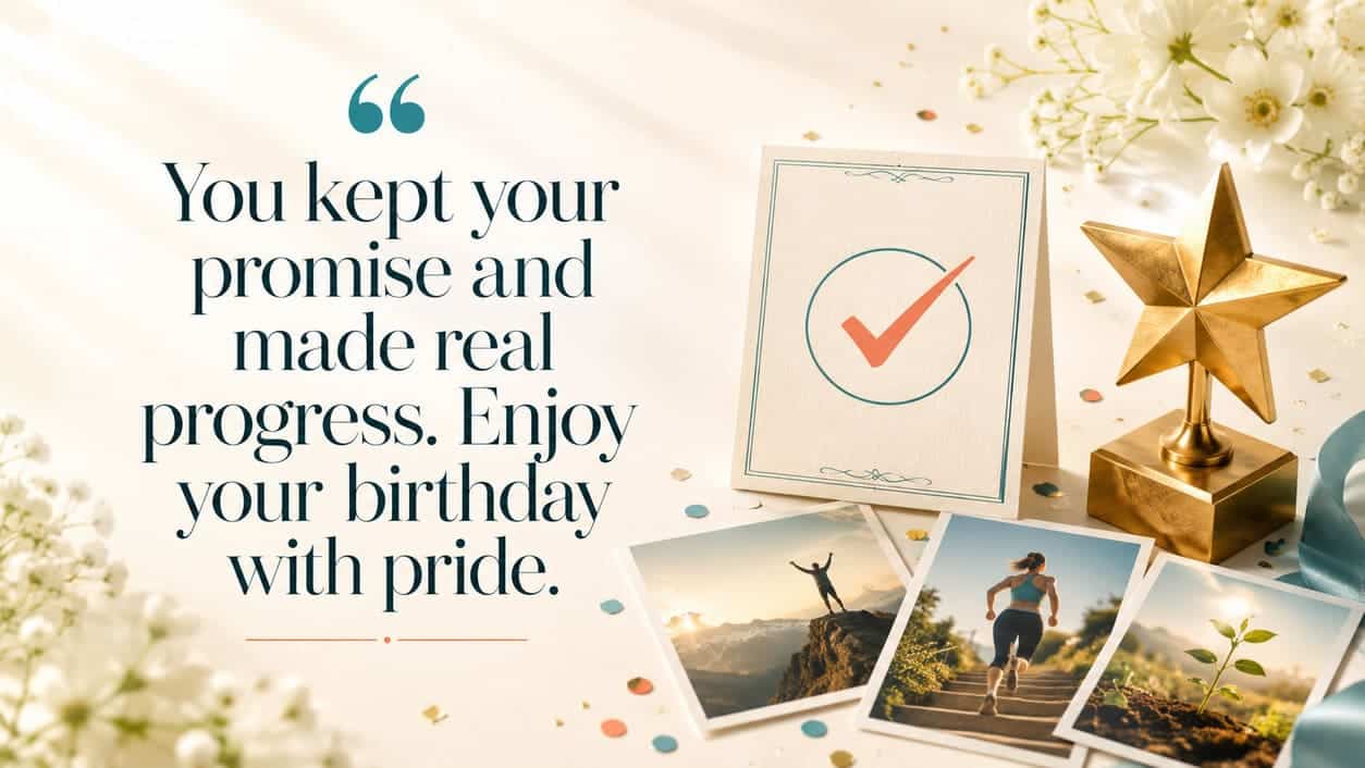 A checked promise card sits beside a raised gold star and progress photos.