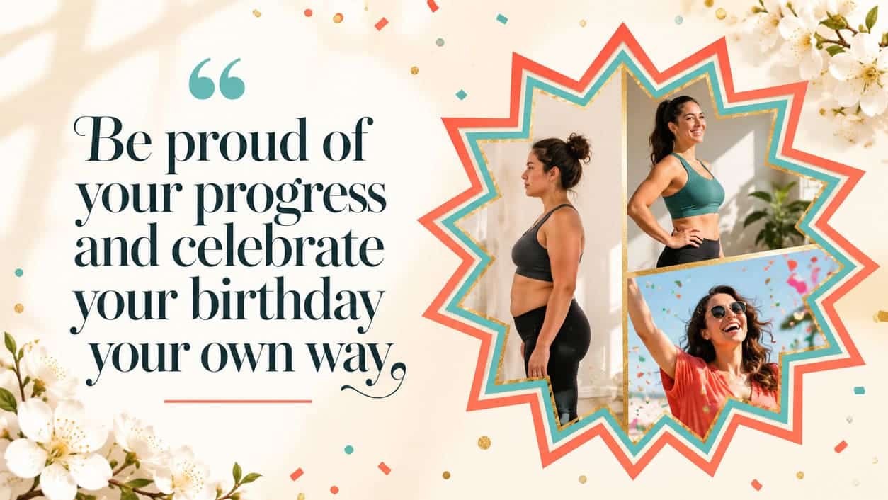 Three progress photos fill a bold starburst frame with bright birthday colours.