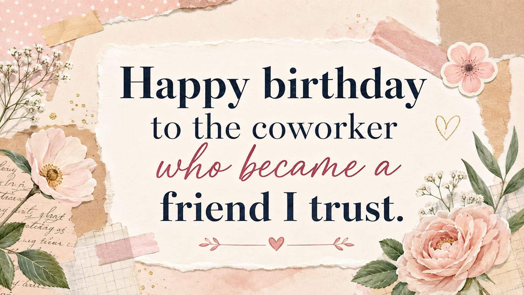 Two coworkers share a relaxed lunch-break birthday moment with a card and coffee.