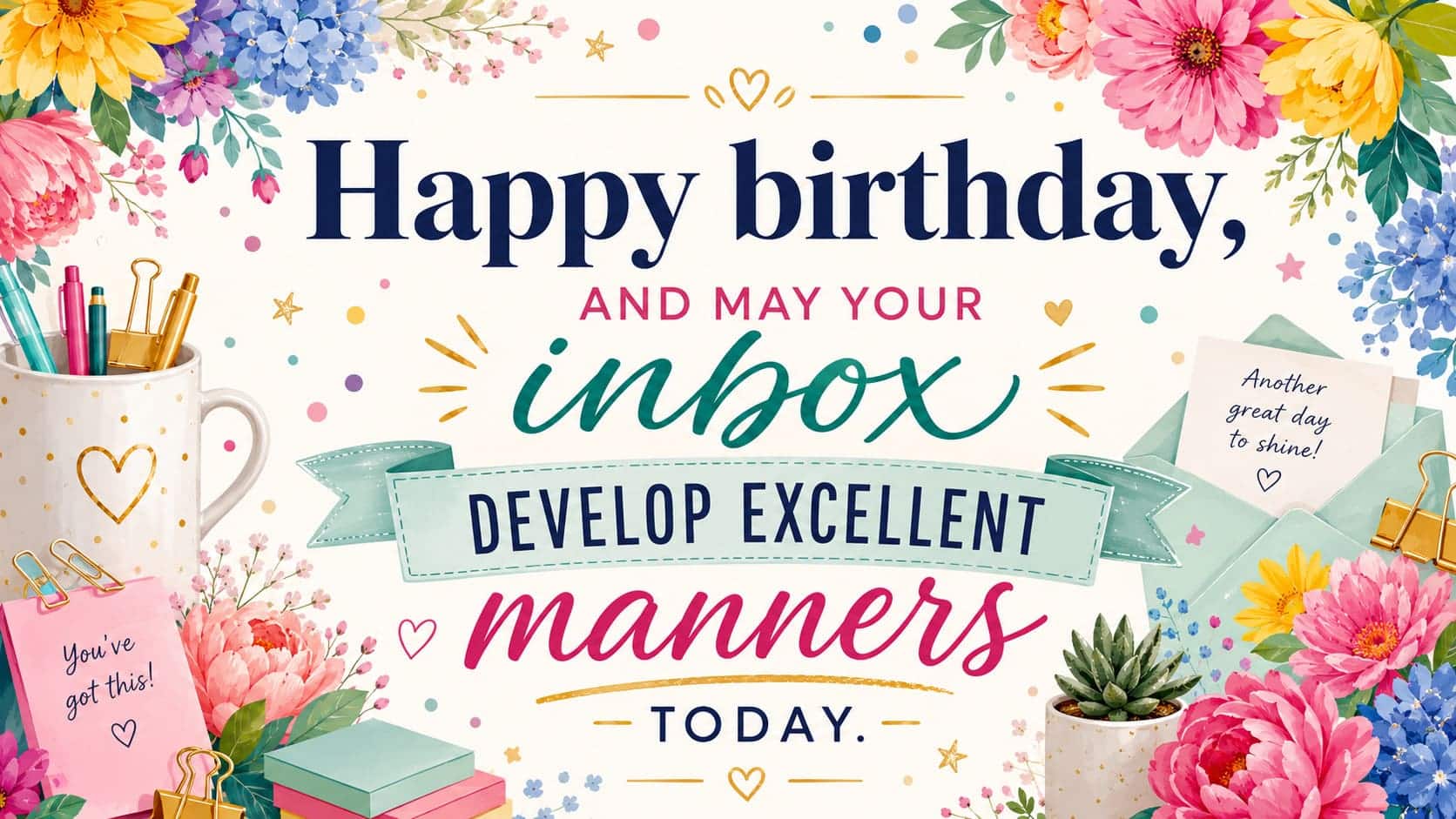 A playful office printer scene includes a party hat, birthday card, and light confetti.