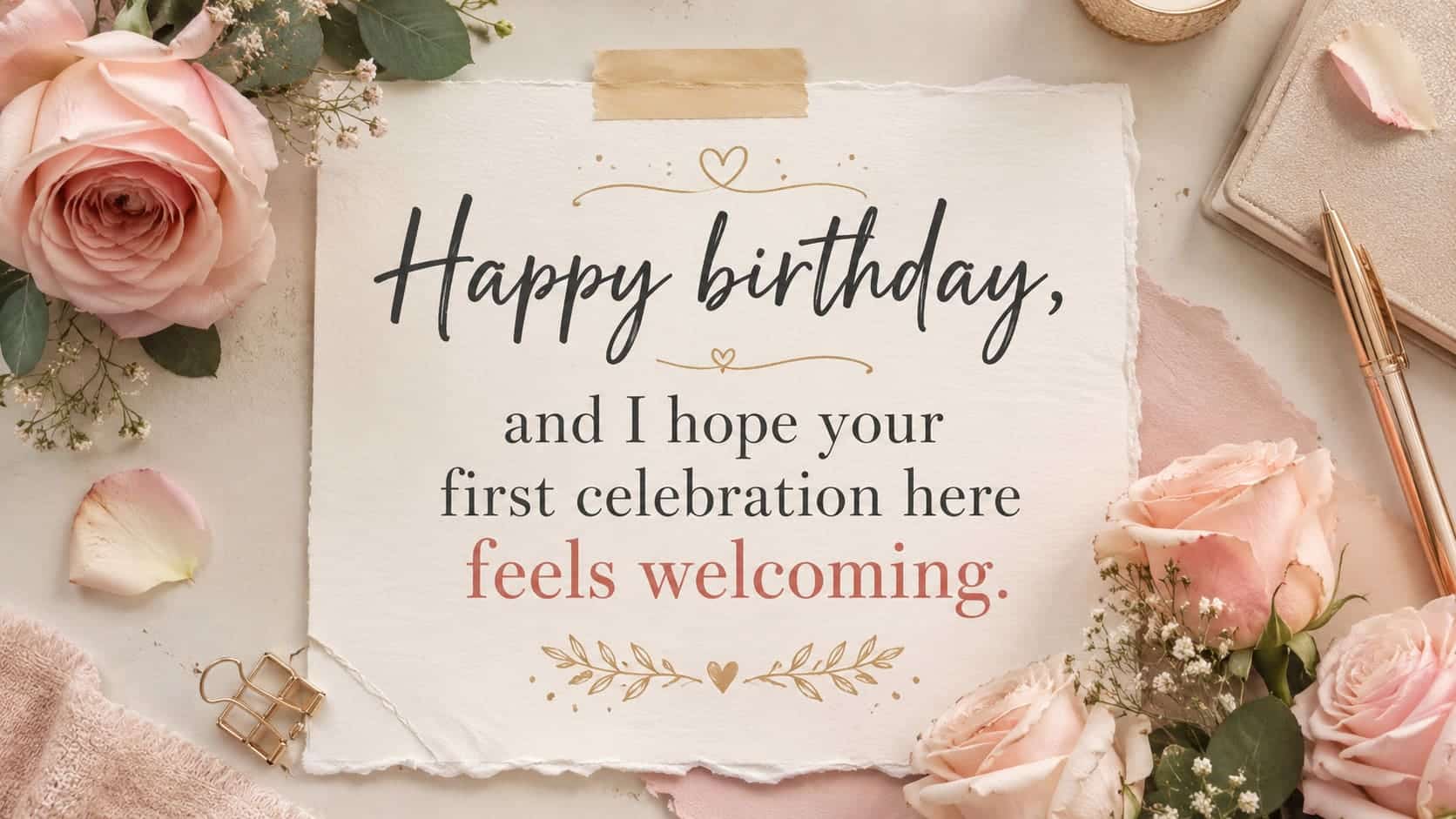 A welcoming new desk setup includes a birthday card, notebook, and small office plant.