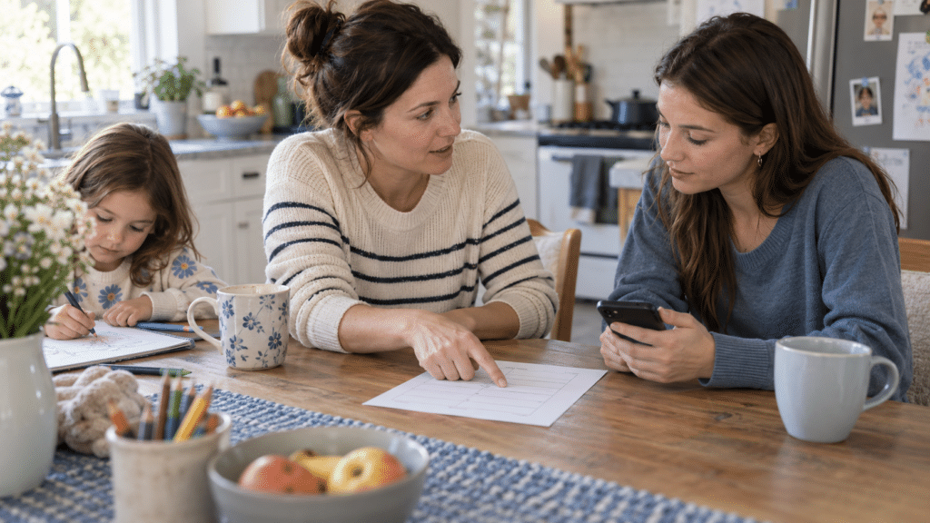 Parent and babysitter reviewing an overnight schedule while a child draws nearby.
