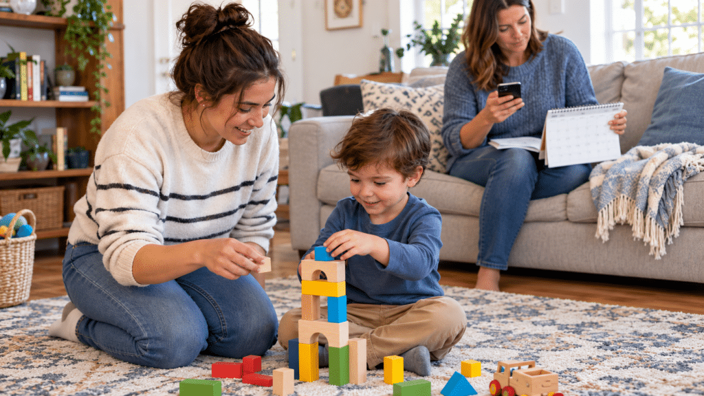 Babysitter playing with a child while a parent reviews the family schedule.
