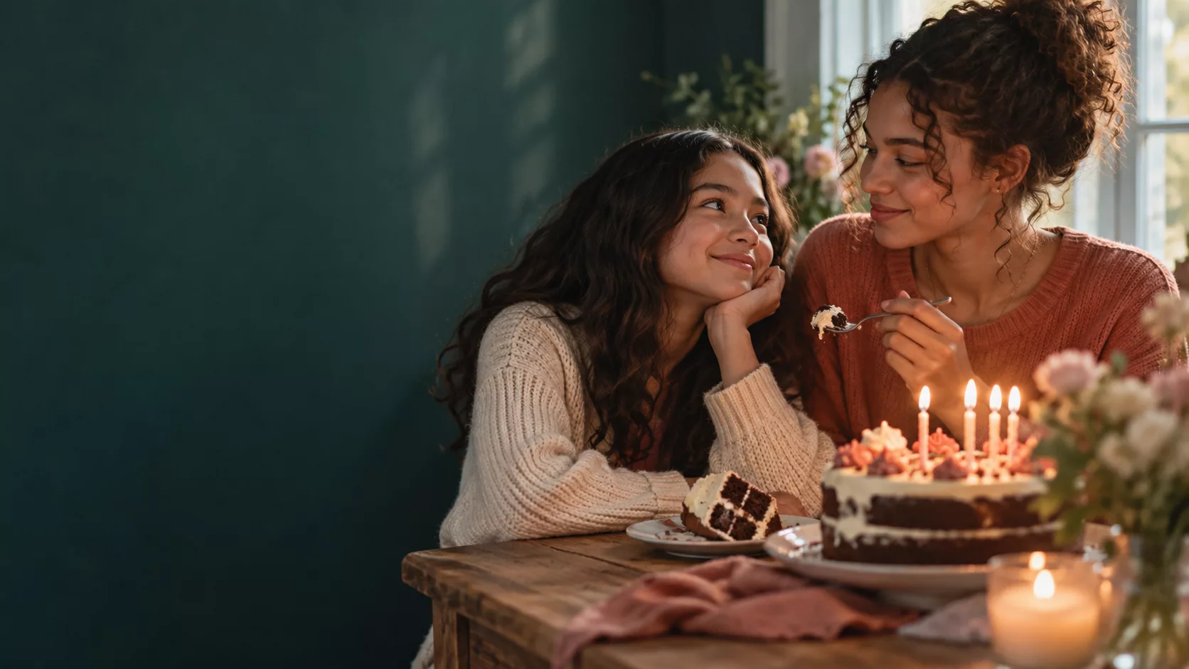 Two sisters sharing birthday cake beside a window