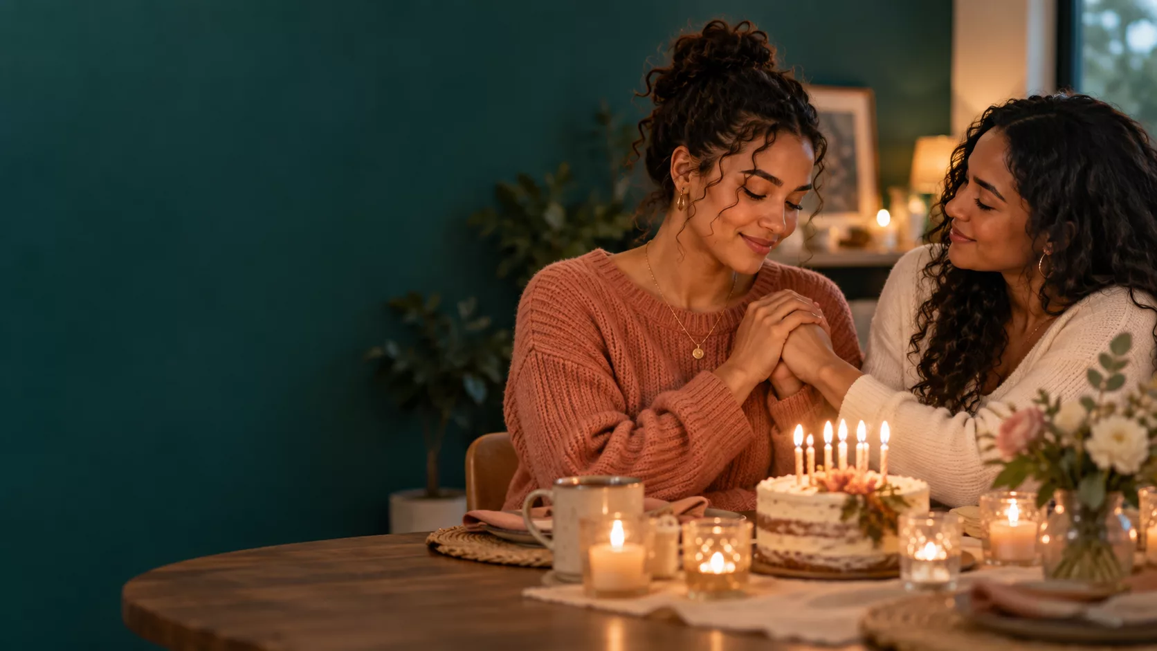 Sisters sharing a quiet birthday blessing