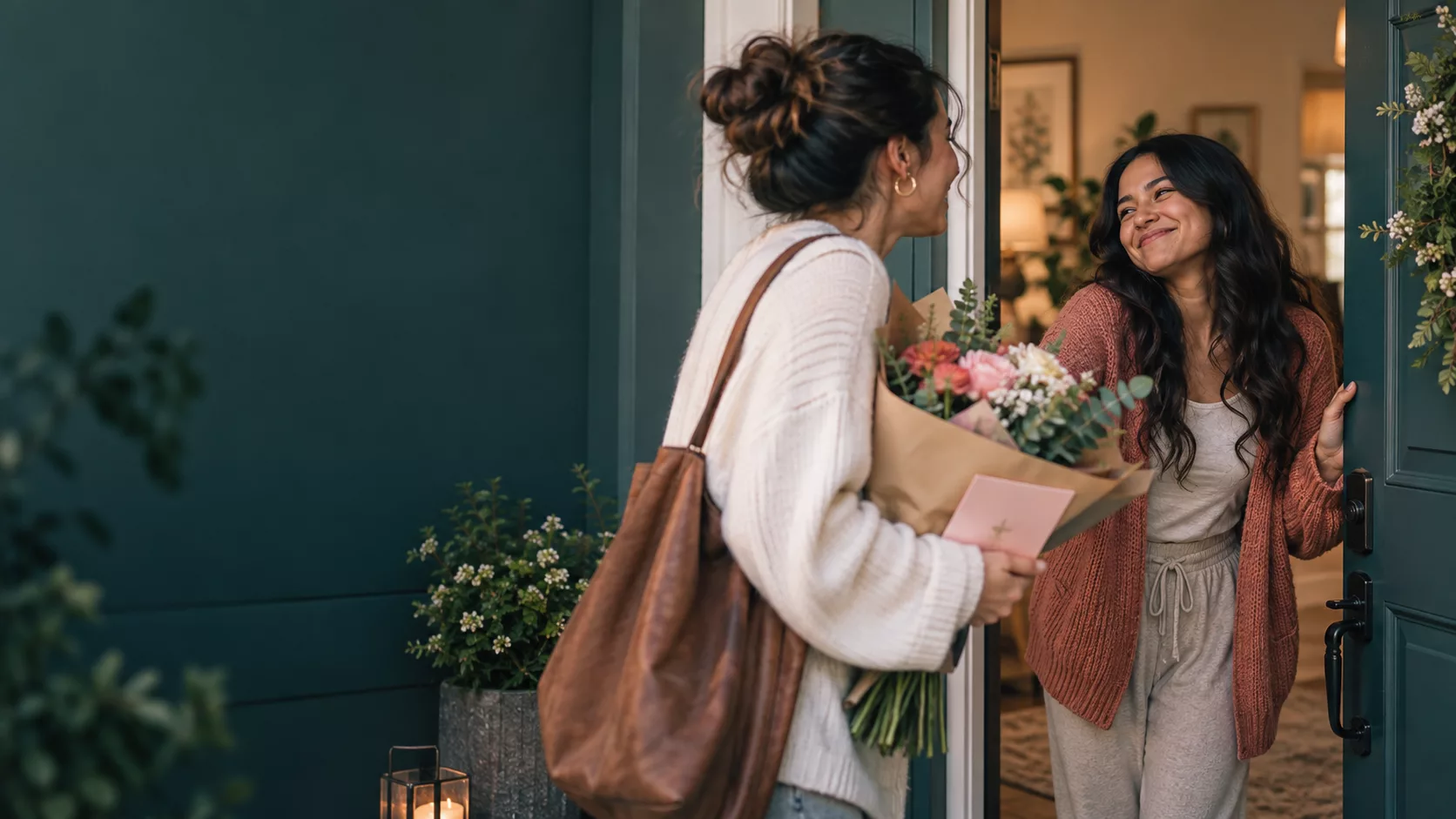 A sister arriving with a belated birthday bouquet