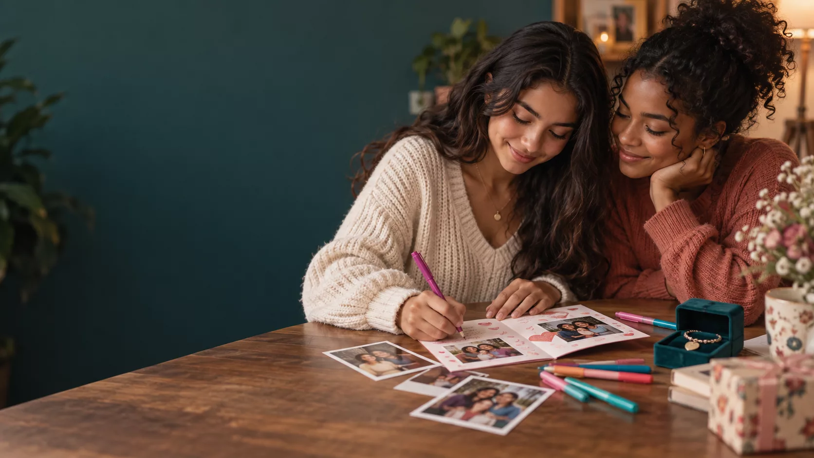 Sisters personalizing a birthday card with family photos