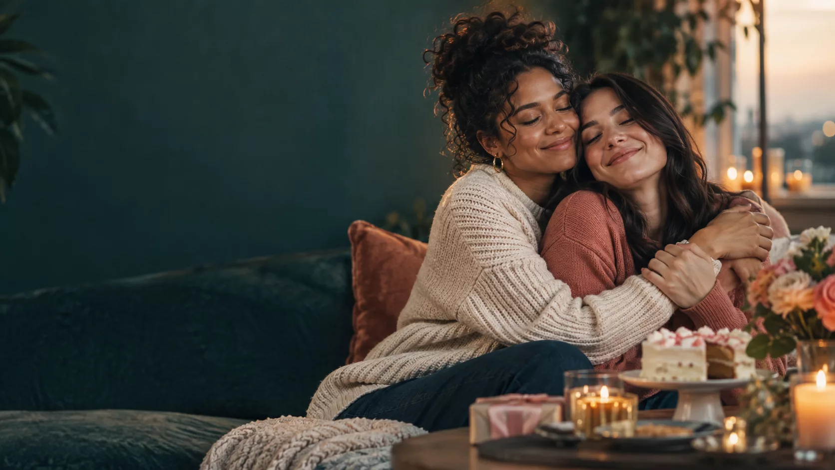 Two grown sisters embracing after a birthday celebration