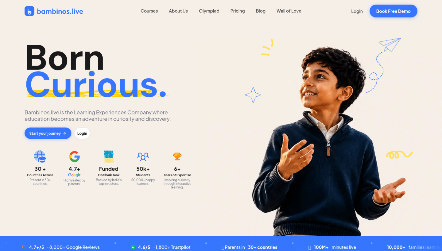 Bambinos homepage hero featuring a child and its learning message