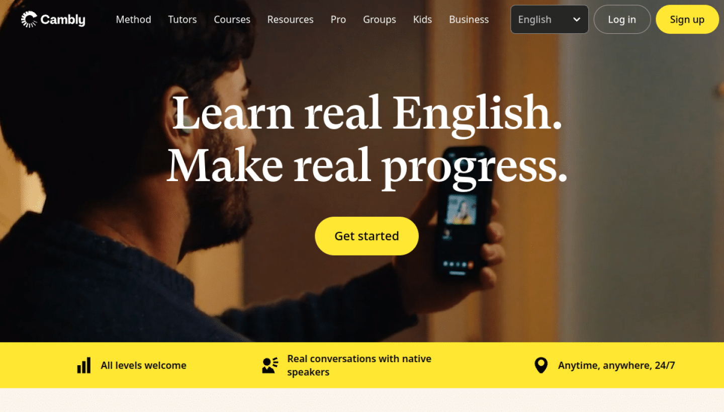 Cambly root homepage hero showing an adult video conversation