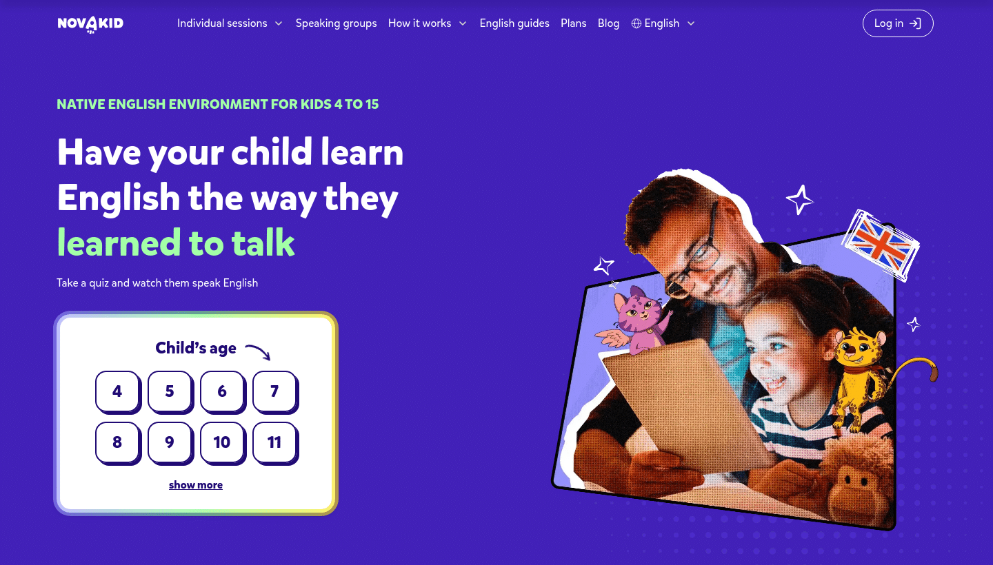 Novakid homepage hero showing an English activity for children