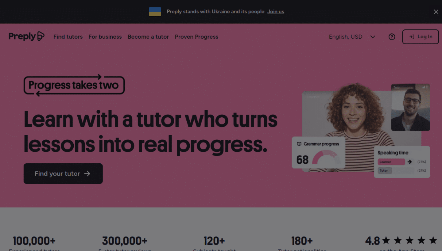Preply homepage hero showing a learner, tutor, and progress claim