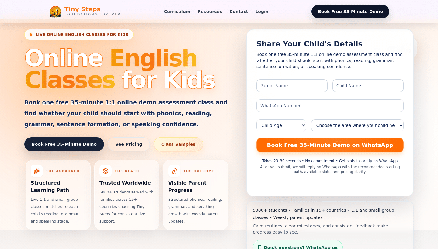 Tiny Steps homepage hero featuring its English class demo form