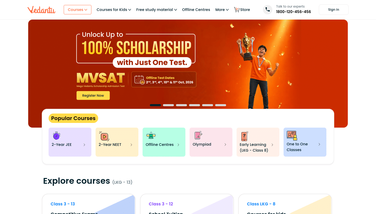 Vedantu homepage hero featuring its scholarship programme