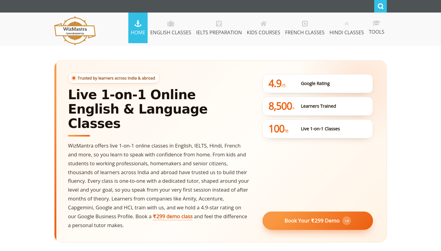 WizMantra homepage hero featuring private online classes