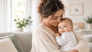 Parent holding a healthy baby at home