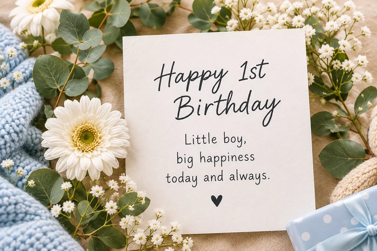 Happy first birthday card for a baby boy surrounded by white flowers and eucalyptus