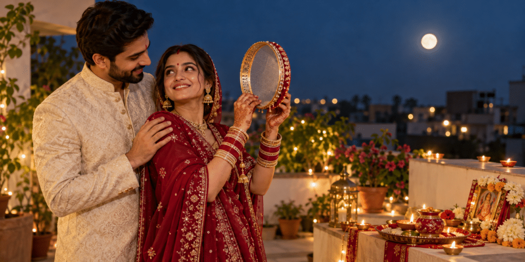 Newlywed Indian couple smiling together during their first Karwa Chauth moonrise celebration