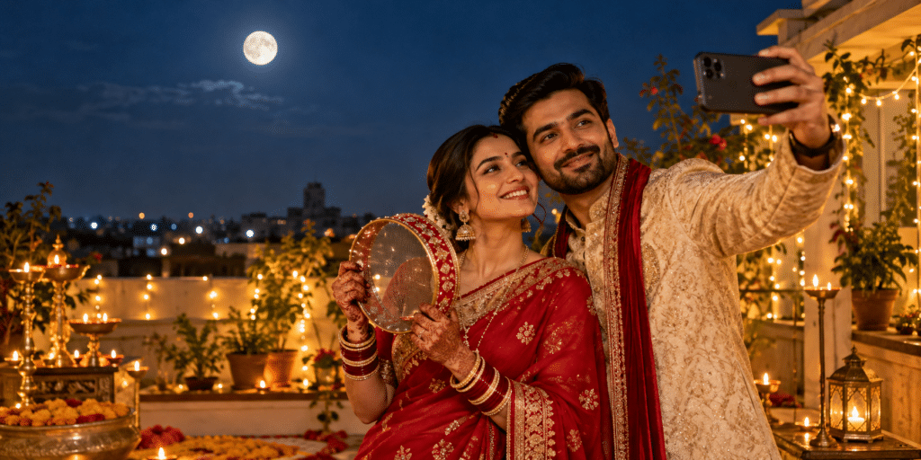 Indian couple taking a festive selfie for their Karwa Chauth Instagram post
