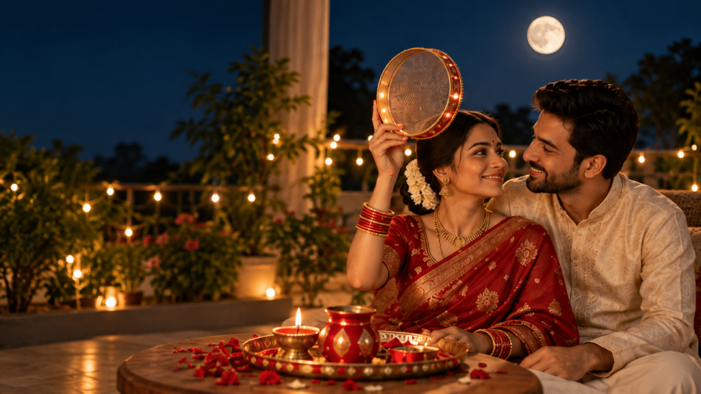 A couple celebrating Karwa Chauth together under the moonlight