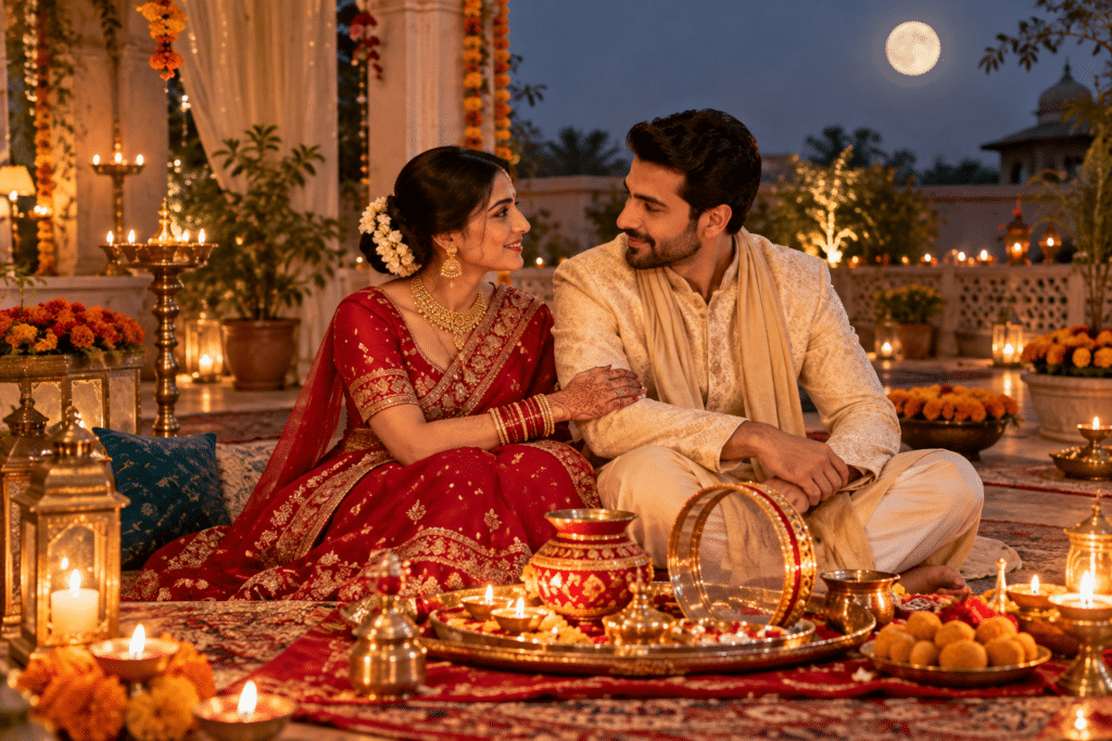A married couple sharing a respectful moment beside their Karwa Chauth puja thali