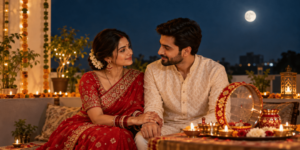 Indian couple sharing a quiet romantic moment during their Karwa Chauth celebration