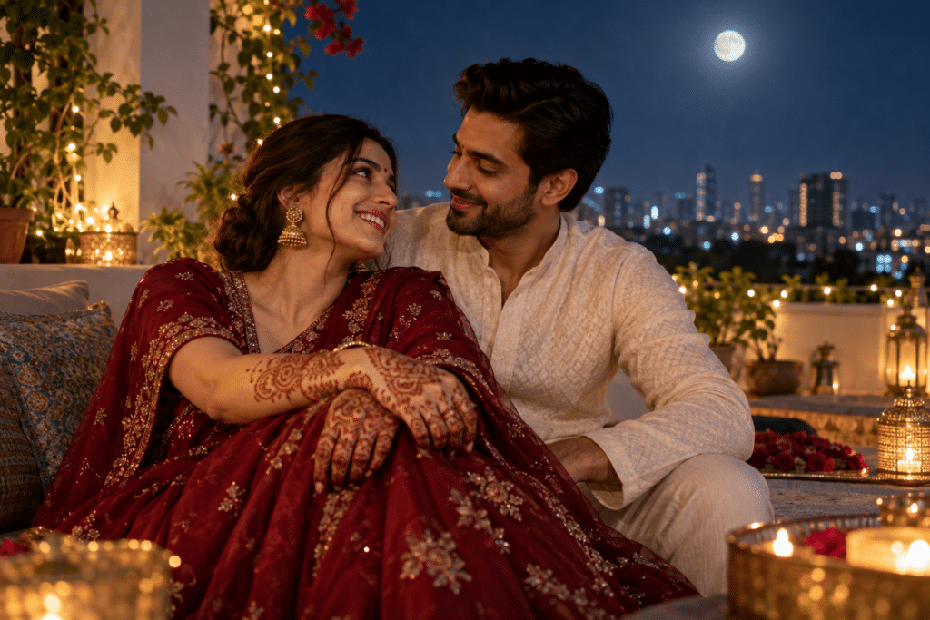 A couple sharing a warm moonlit moment with detailed mehendi visible